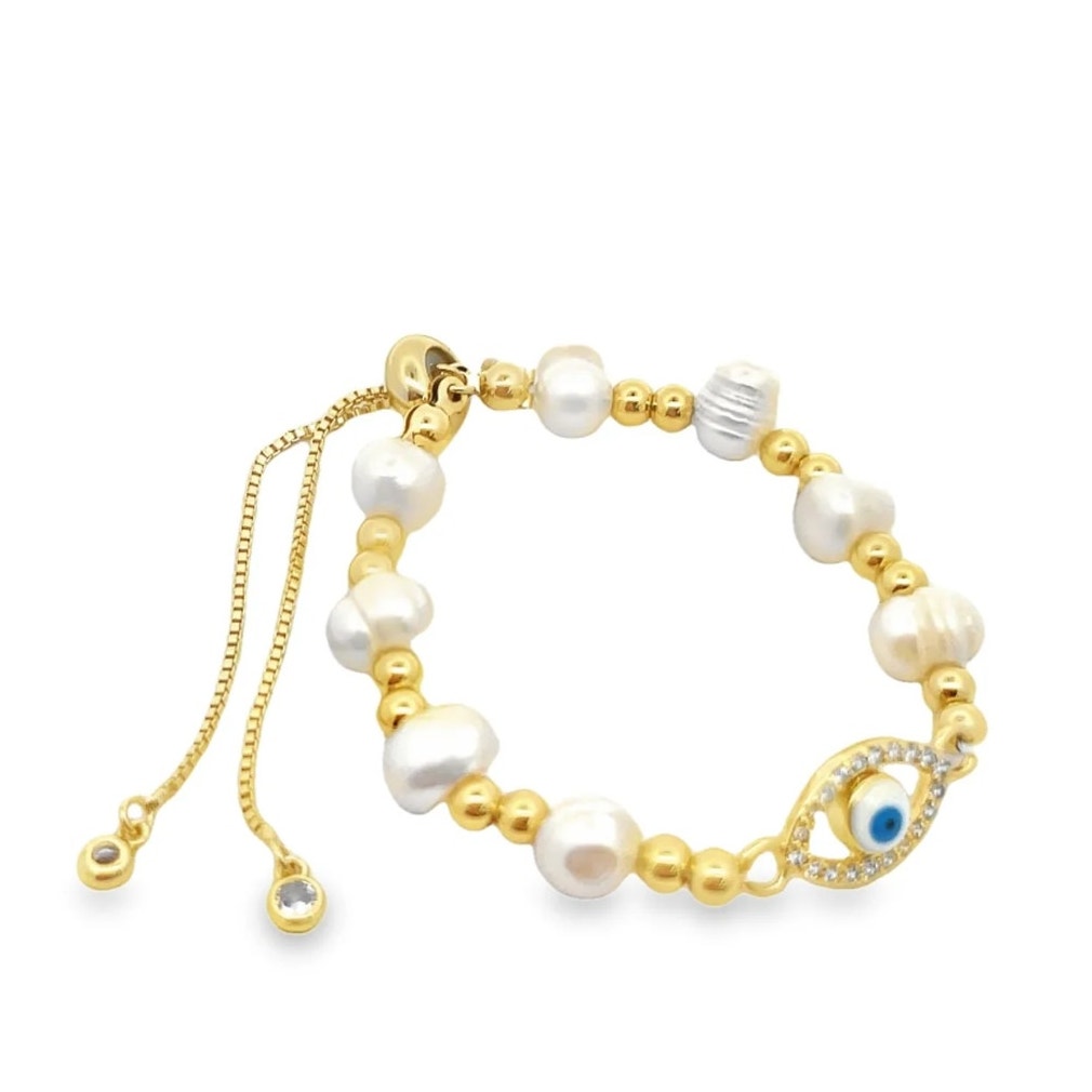 Evil Eye Shaped Freshwater Pearl Bracelet Adjustable Beaded Protection Jewelry